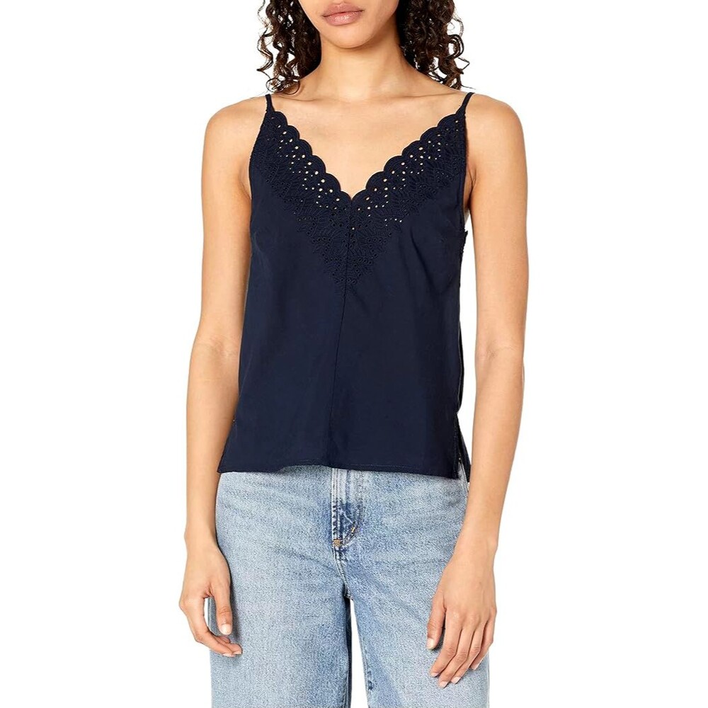 SPLENDID Taylor Eyelet Tank Top L V-Neck Woven Cami Navy Blue NWT B61